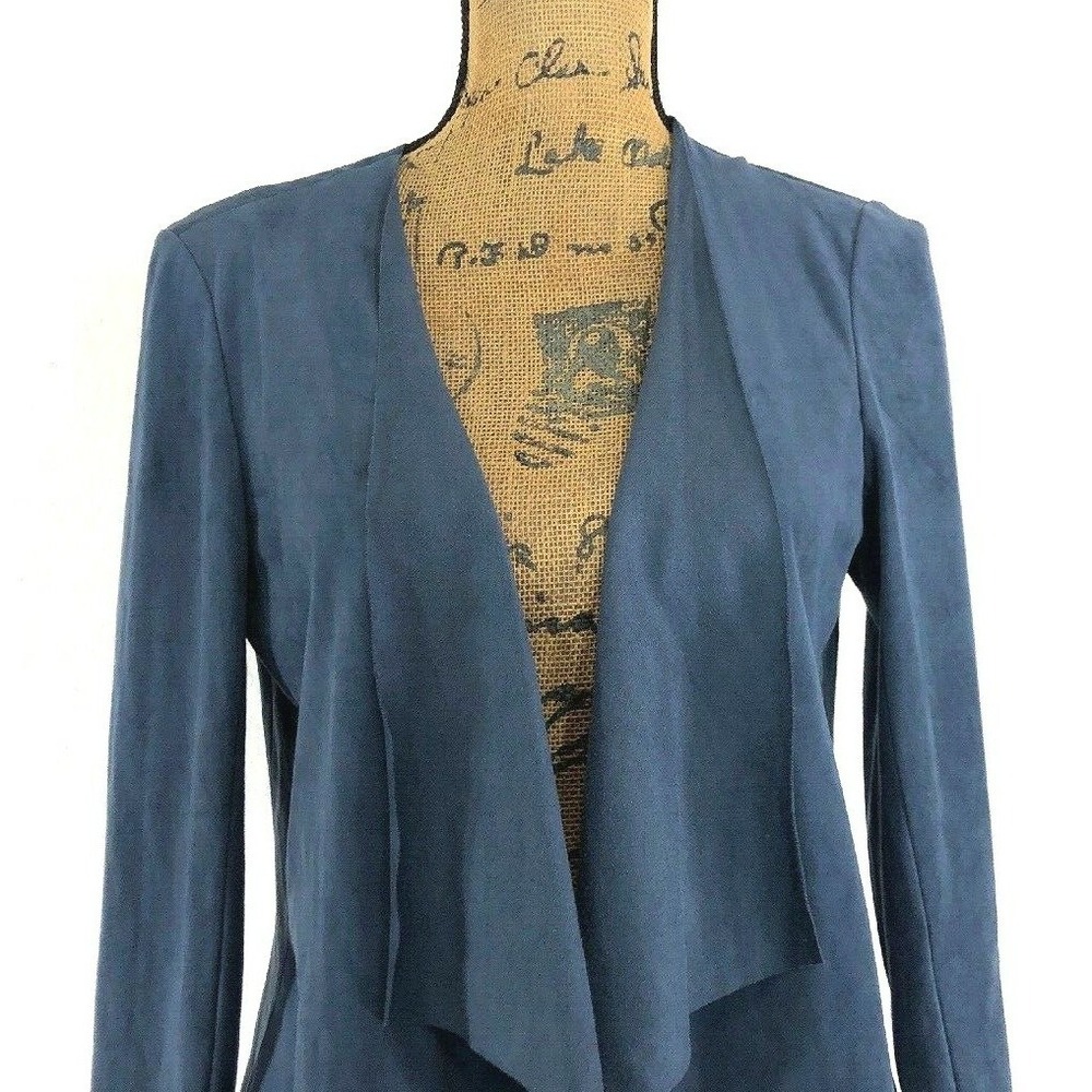 LOFT Jacket 6 Blue Faux Suede Open Drape Waterfall Long Sl Washable Cardigan